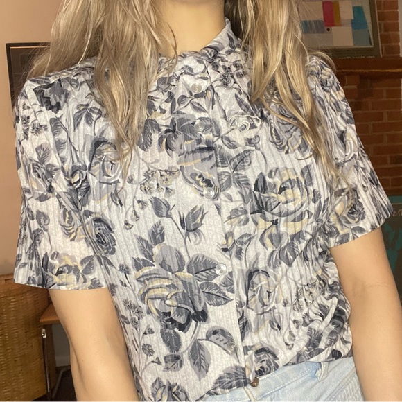 Vintage 60s 70s Graff Californiawear Rose Floral Tie Neck Pussy Bow Ribb… - Picture 3 of 16